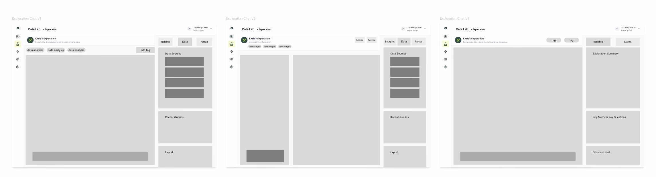 Iterations of Chat Interface Page with Insights, Bookmarks, and Sources